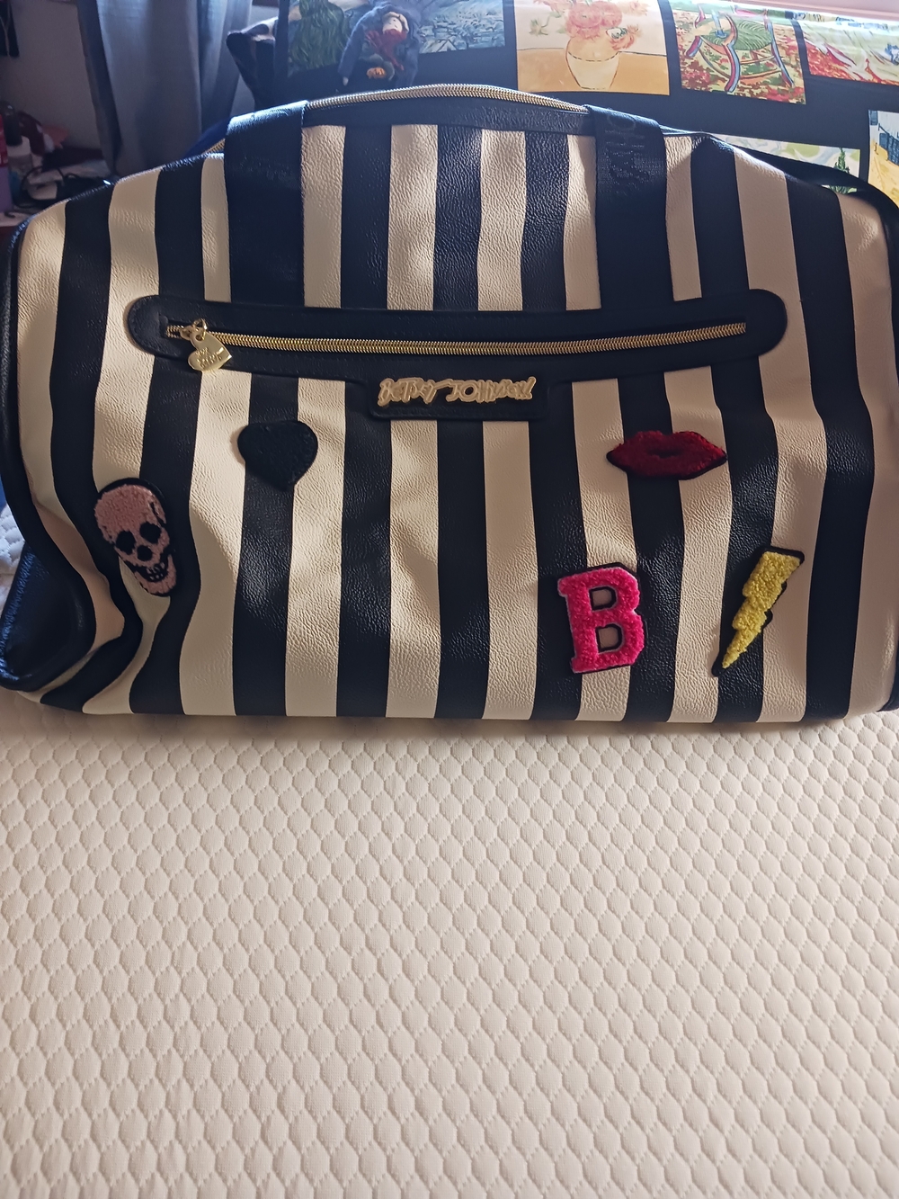 Betsey Johnson Black and White Striped Patch Weekender Bag